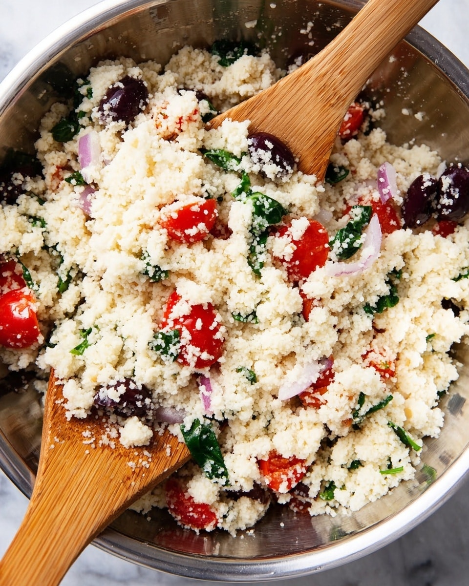 A close-up view of a shiny metal bowl filled with a loose mixture of white couscous grains showing a soft texture. Scattered within the couscous are vibrant red halved cherry tomatoes, dark purple sliced olives, thin slices of pale purple onion, and green spinach leaves mixed evenly. Two wooden spoons rest in the bowl with one holding some of the mixture, showing the different colors and textures clearly. The entire bowl sits on a white marbled surface. photo taken with an iphone --ar 4:5 --v 7