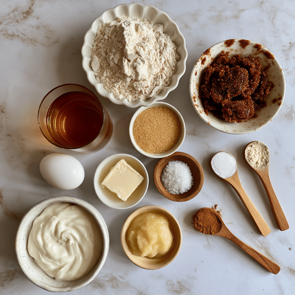 A top view of various baking ingredients laid out on a white marbled surface. At the top center, a white fluted bowl holds white whole-wheat pastry flour. To its right, a white bowl with brown spots contains dark brown coconut sugar. Below that, a small white bowl filled with light golden organic cane sugar sits near a glass filled with amber apple cider. Near the center, a small white bowl holds off-white coconut oil, and beside it, a wooden bowl has coarse white sea salt. Two wooden spoons hold white baking soda and baking powder, and a third wooden spoon has brown cinnamon. A white egg rests near a small beige bowl with pale yellow applesauce. At the bottom left, a white ceramic bowl is filled with smooth, creamy plain Greek yogurt. All items are carefully spaced on the white marbled texture. Photo taken with an iphone --ar 4:5 --v 7