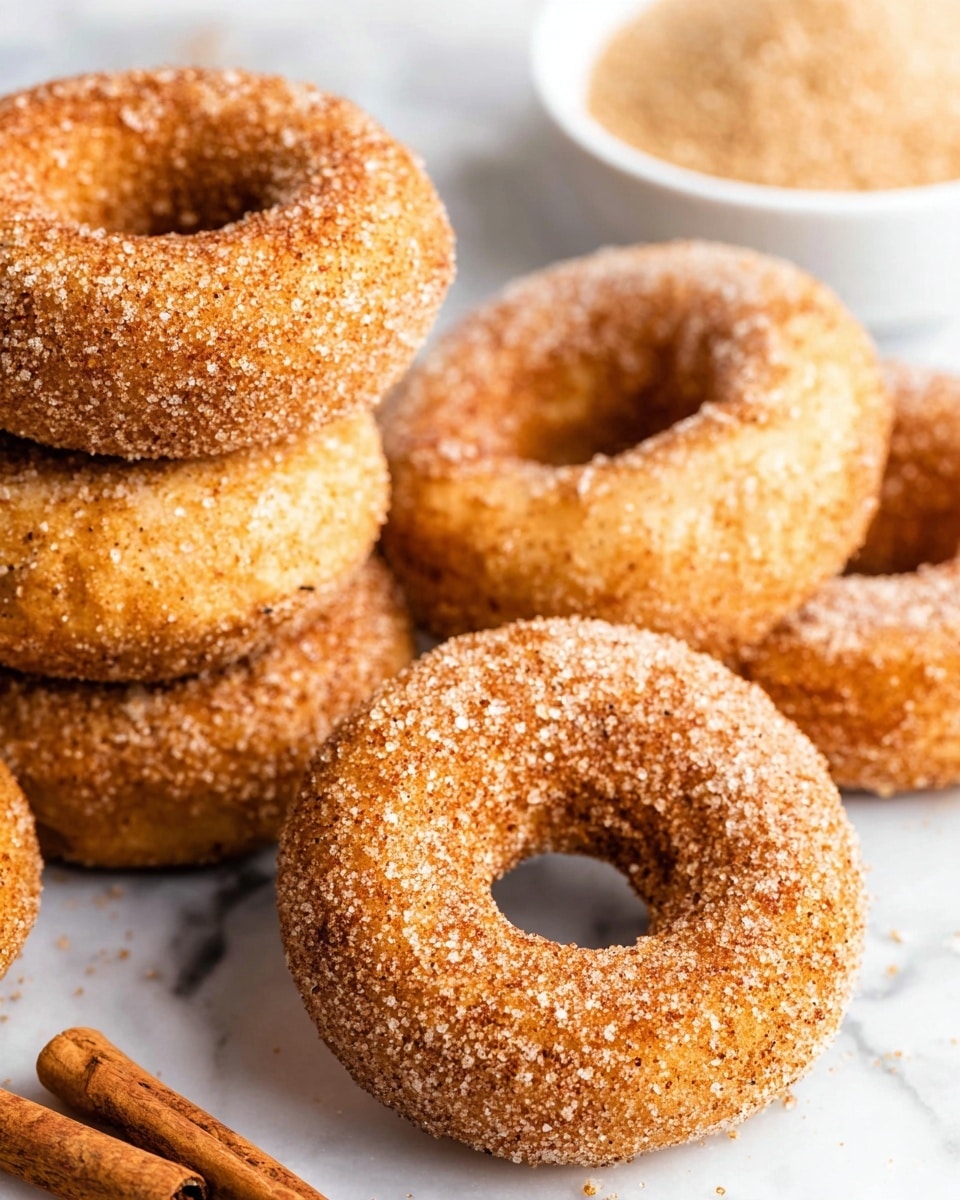 A close-up view of several cinnamon sugar donuts stacked on a white marbled surface; each donut has a golden brown color with a coarse sugar and cinnamon coating that adds texture and sparkle, with visible sugar crystals on all sides, and two cinnamon sticks placed at the bottom left corner adding a warm tone, along with a small blurred white bowl filled with extra cinnamon sugar in the top right background; the donuts fill most of the image, showing their soft and slightly rough surface clearly photo taken with an iphone --ar 4:5 --v 7