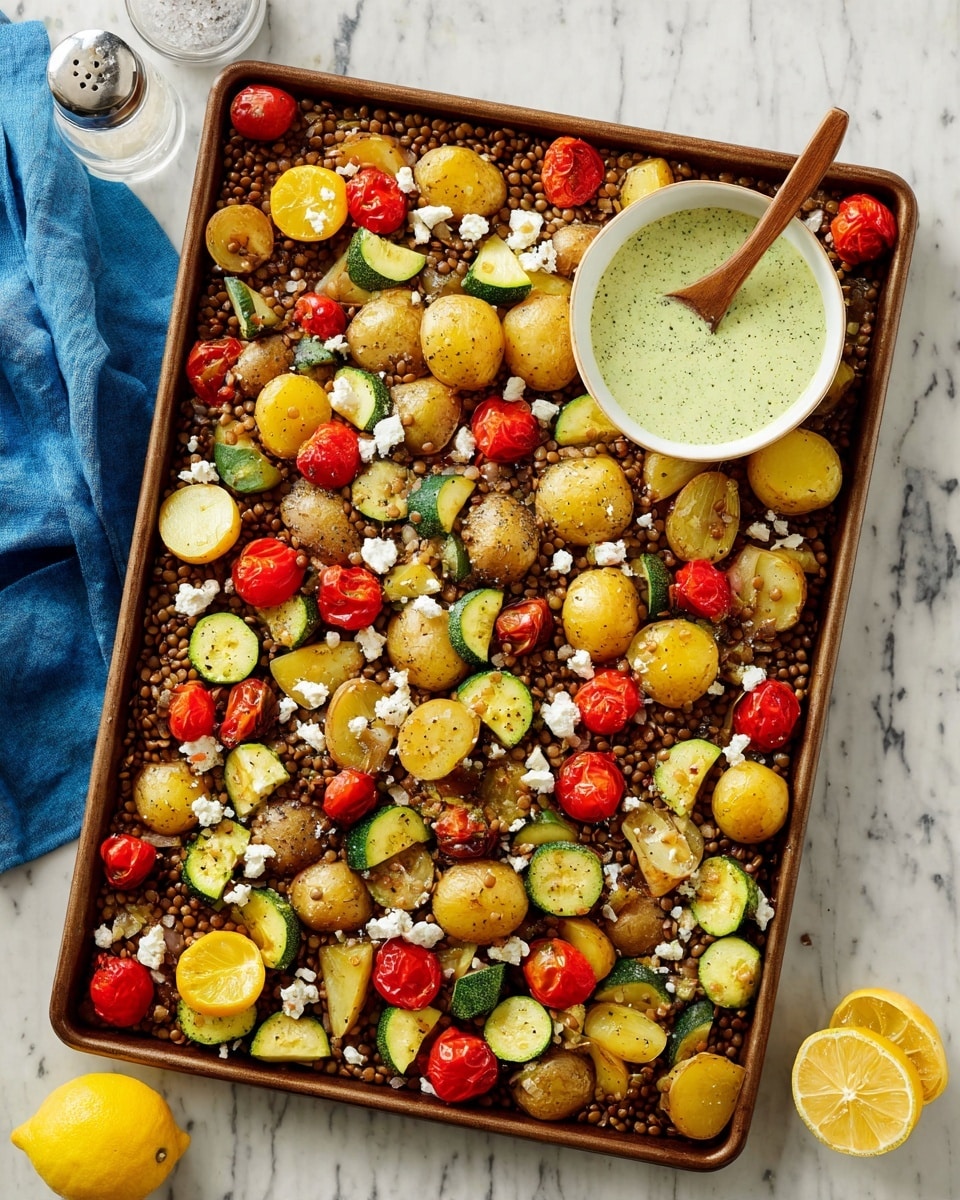 A large baking tray holds a colorful mix of food layers starting with a base layer of cooked brown lentils spread all over. On top of that, there are bright yellow small potatoes cut in halves, green zucchini slices, whole red cherry tomatoes, and scattered white crumbly cheese pieces. At the top right corner, a small white bowl contains a light green sauce with a wooden spoon inside it. The tray sits on a white marbled surface, with half a lemon visible near the bottom edge and a clear salt shaker in the top left. A blue cloth is slightly under the tray near the bottom left side. photo taken with an iphone --ar 4:5 --v 7