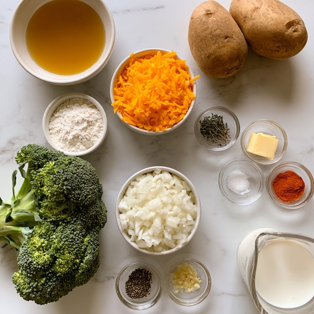 The image shows raw ingredients arranged neatly on a white marbled surface. In the top left, there is a white bowl filled with golden broth, next to two large brown potatoes on the top right. Below the broth, a small white bowl contains white all-purpose flour, and in the center, a white bowl is filled with shredded bright orange cheddar cheese. To the right, small clear bowls hold dried thyme, light yellow butter, fine salt, and red paprika powder, all placed in a line. Toward the bottom left, a fresh green broccoli bunch sits beside a white bowl filled with chopped white onion. Small glass bowls hold black pepper and minced garlic near the bottom. Finally, a transparent measuring jug with white milk is near the bottom right. The arrangement is clean and simple with clear labels identifying each ingredient. Photo taken with an iphone --ar 4:5 --v 7