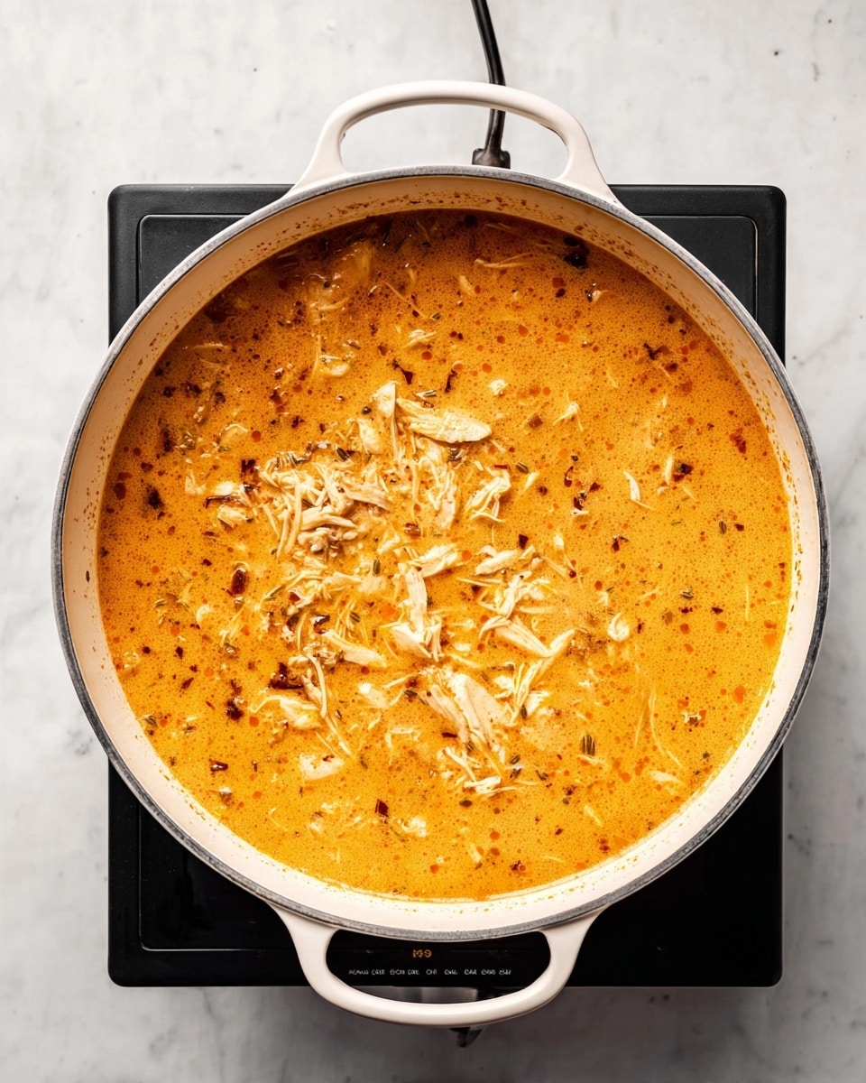 A large white pot sitting on a black electric stove shows a thick soup with a creamy orange base. The soup has soft bits of white shredded chicken spread through it and darker brown specks scattered on top. The creamy orange liquid looks smooth and rich with small visible pieces, suggesting the presence of vegetables or seasonings inside, all inside the white pot with handles on each side on a white marbled surface photo taken with an iphone --ar 4:5 --v 7