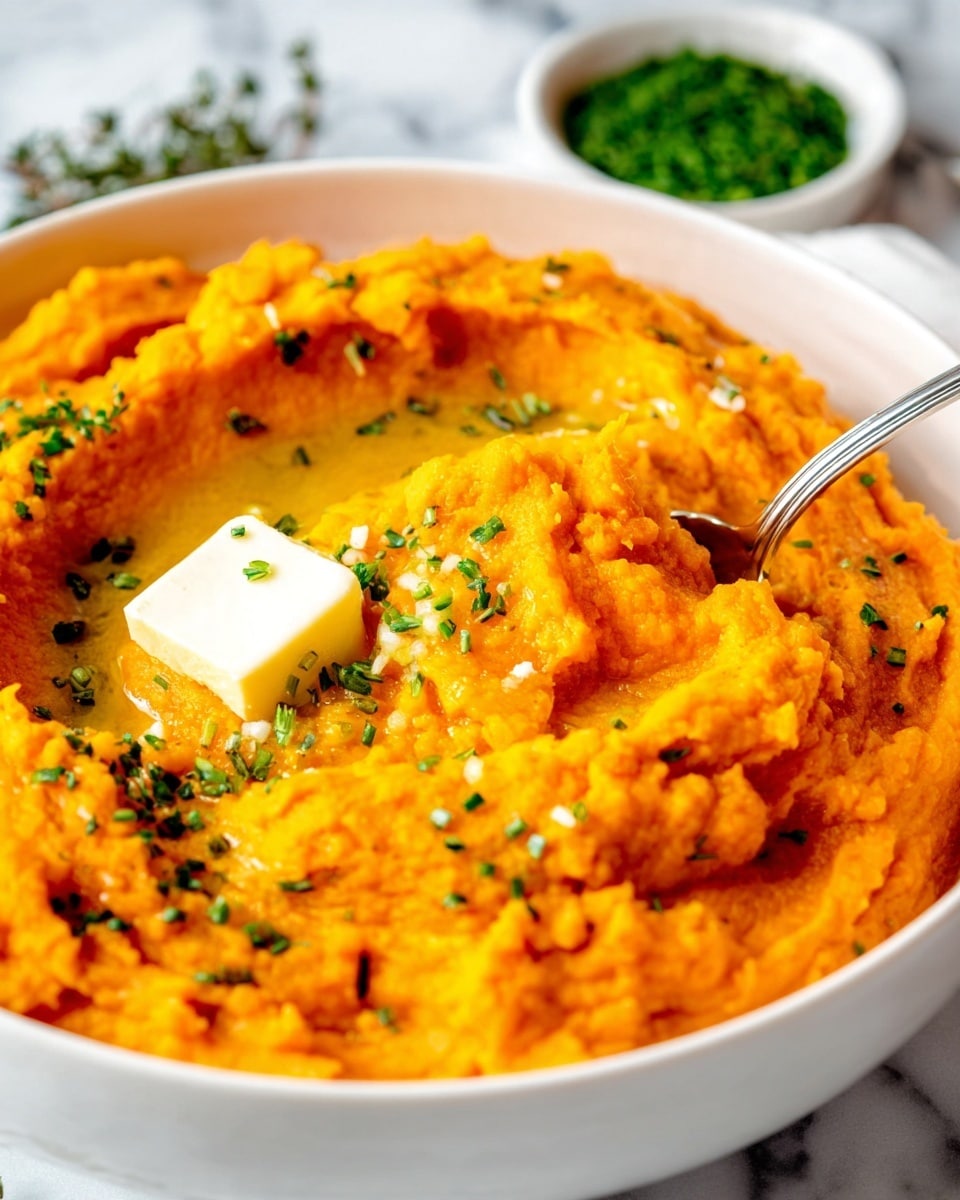 A white bowl filled with bright orange mashed sweet potatoes, showing a thick and creamy texture with some small lumps. The mash is decorated with small chopped green herbs scattered on top and a square of white butter melting on the left side. A metal spoon is scooping a portion from the right side, and the bowl is placed on a white marbled surface. In the blurred background, a small white bowl holds more green chopped herbs. Photo taken with an iphone --ar 4:5 --v 7