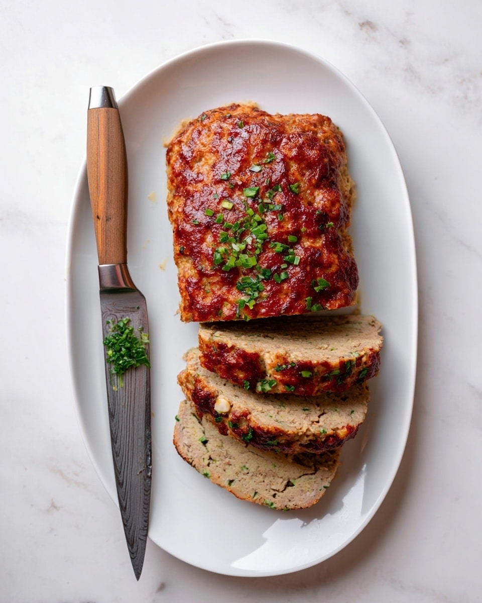 A white oval plate sits on a white marbled surface holding a meatloaf with a brown crispy top sprinkled with small green herb pieces. The meatloaf is sliced into four pieces, showing a light beige and slightly moist inside with small green herb bits throughout. Next to the meatloaf is a knife with a wooden handle and silver blade, with a few green herb pieces stuck on the blade. The photo is simple with good lighting, showing clear textures of the meatloaf and herbs. photo taken with an iphone --ar 4:5 --v 7