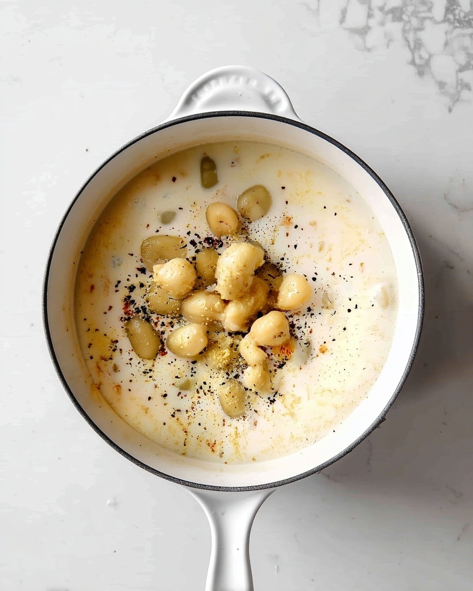 A white pot with a black rim filled with creamy white soup is placed on a white marbled surface. On top of the soup, there is a small pile of light beige beans or chickpeas clustered in the center, sprinkled with coarse black pepper that adds specks of black on the soup's smooth surface. The soup itself has a slightly grainy texture with some small bits visible inside, and the pot handle extends towards the bottom of the image. photo taken with an iphone --ar 4:5 --v 7