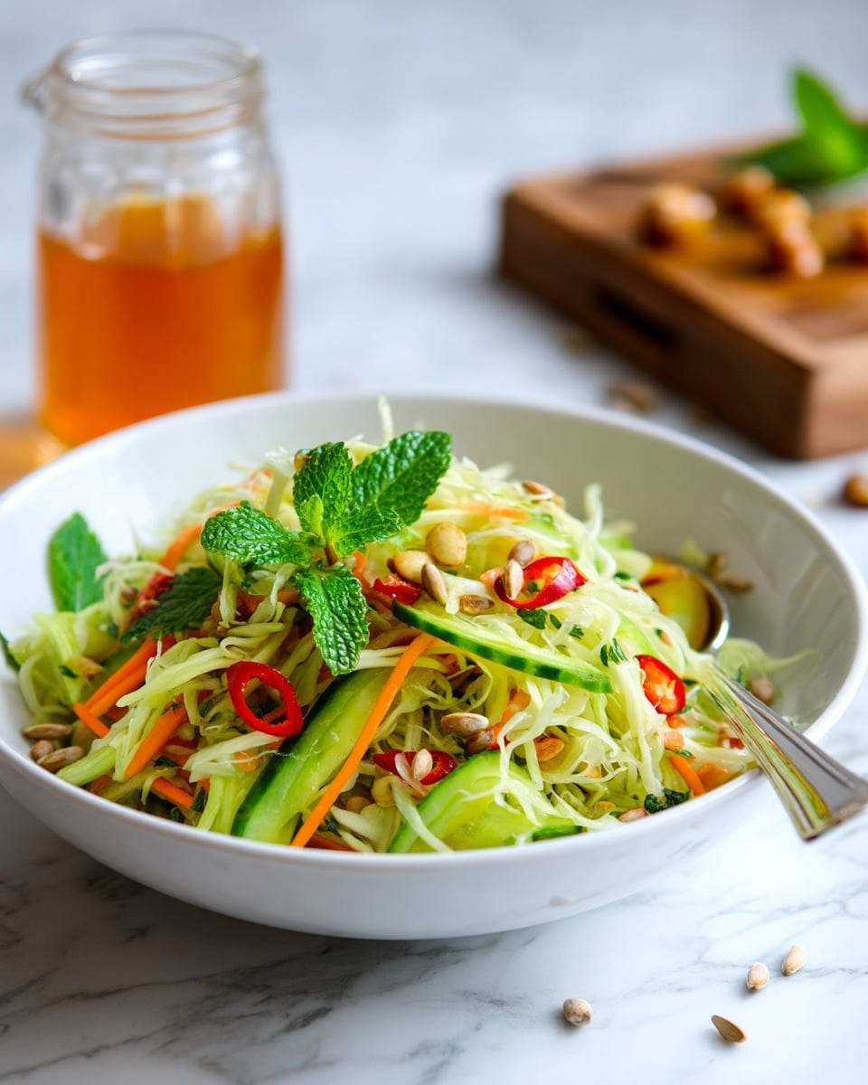 A white plate holds a fresh salad made of several thin layers: shredded green papaya and cucumber form the base, topped with bright orange carrot sticks mixed with scattered green herbs and red chili pieces, garnished with small green mint leaves and sprinkled sunflower seeds. On the right, a wooden cutting board shows piles of thinly sliced white and orange vegetables beside a large knife. The scene is set on a white marbled surface with a glass jar of light brown liquid to the left and fresh green mint sprigs on the bottom right. photo taken with an iphone --ar 4:5 --v 7
