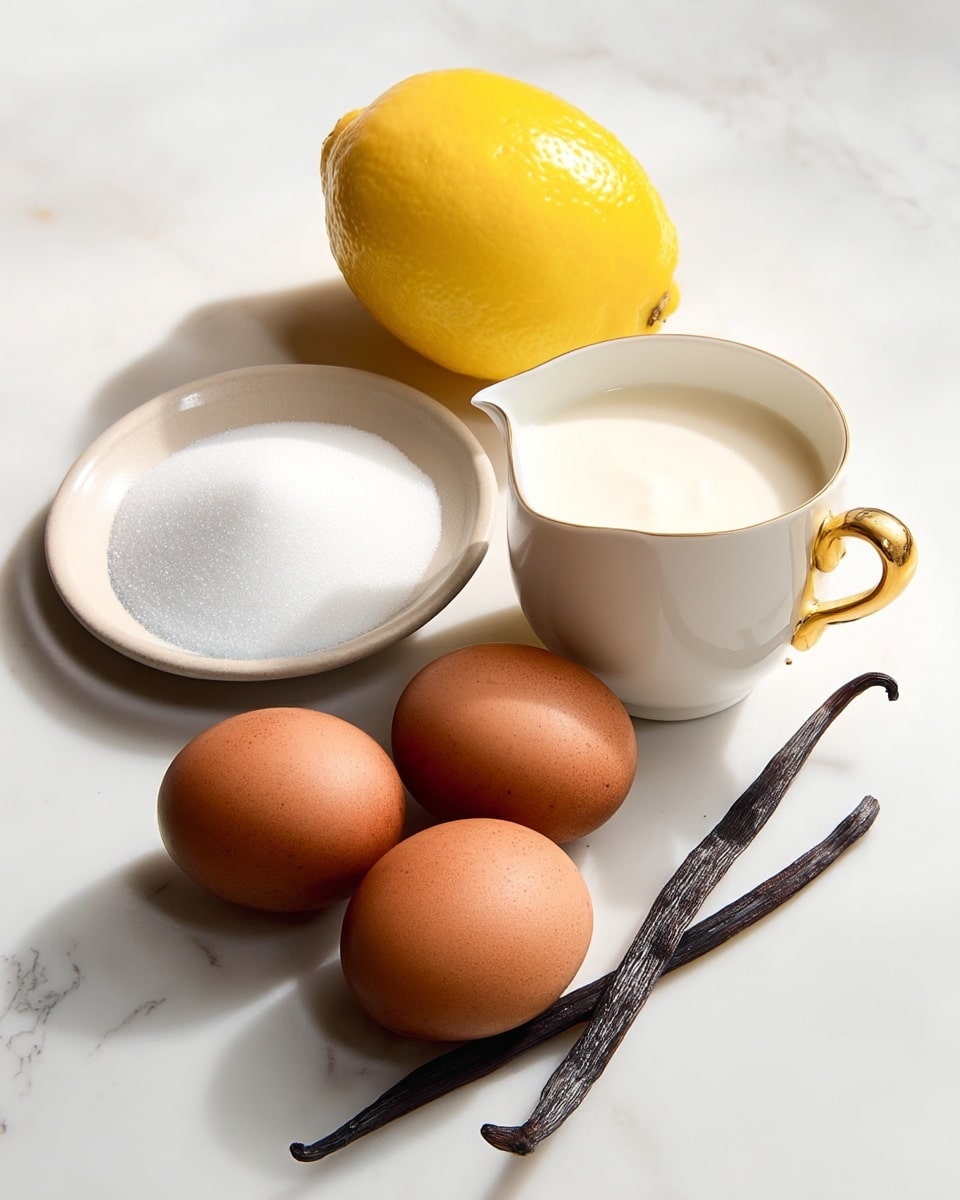 A bright yellow lemon is placed near the top center on a white marbled surface. Below the lemon, on the left, there is a small white plate filled with fine white sugar. To the right of the sugar, a small white cup with a golden handle is filled with smooth cream. Near the bottom, a white bowl holds four brown eggs along with a dark brown vanilla bean pod lying beside the eggs. Labels with simple black text identify each ingredient: Lemon, Sugar, Cream, Eggs, and Vanilla. The whole scene rests on a clean white marbled surface with soft natural lighting. photo taken with an iphone --ar 4:5 --v 7