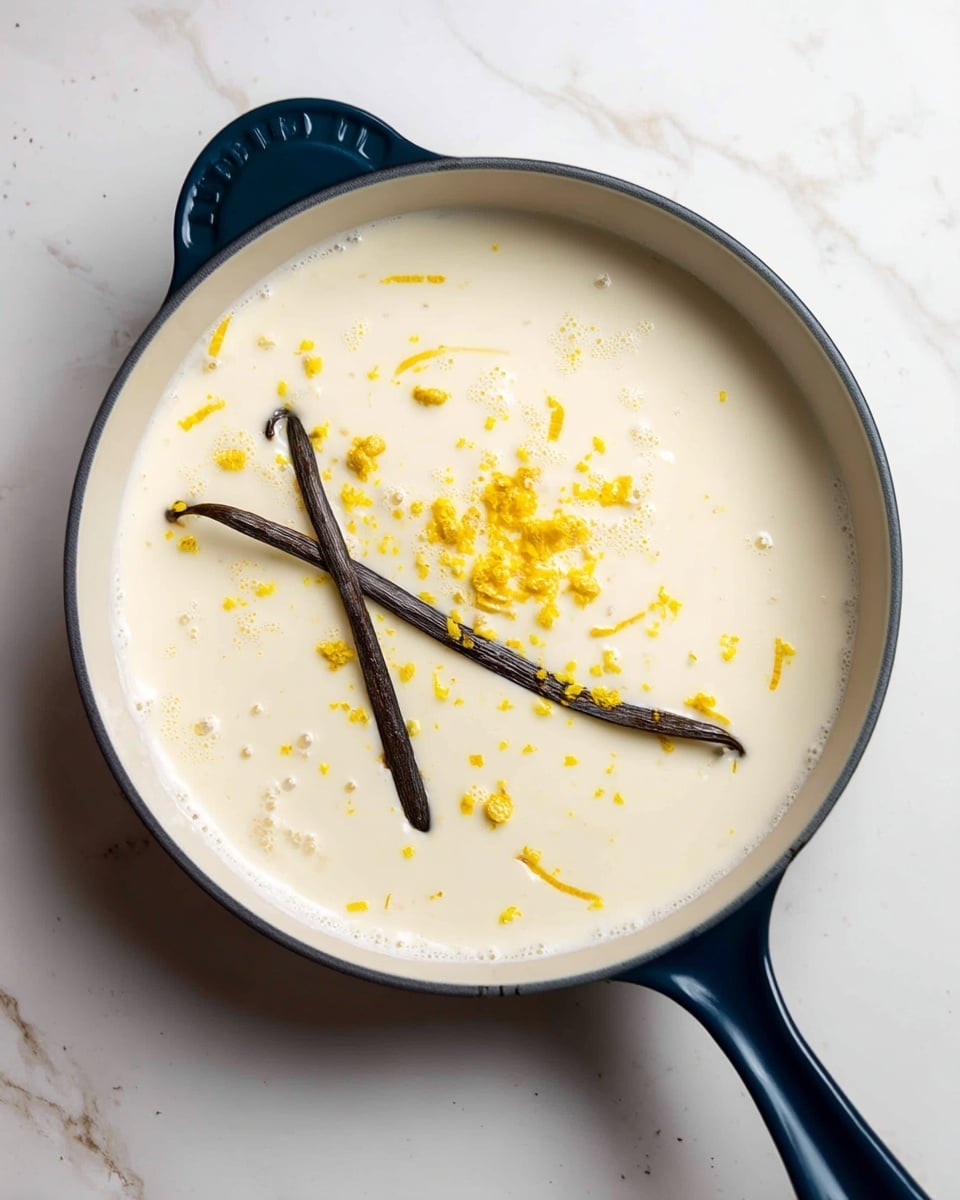 A white pan with a smooth creamy white liquid inside, topped with a single long black vanilla pod near the center and small bright yellow zest bits scattered across the surface. The pan has a dark blue handle and is set on a white marbled surface. The creamy liquid looks soft and thick with a few tiny bubbles visible photo taken with an iphone --ar 4:5 --v 7