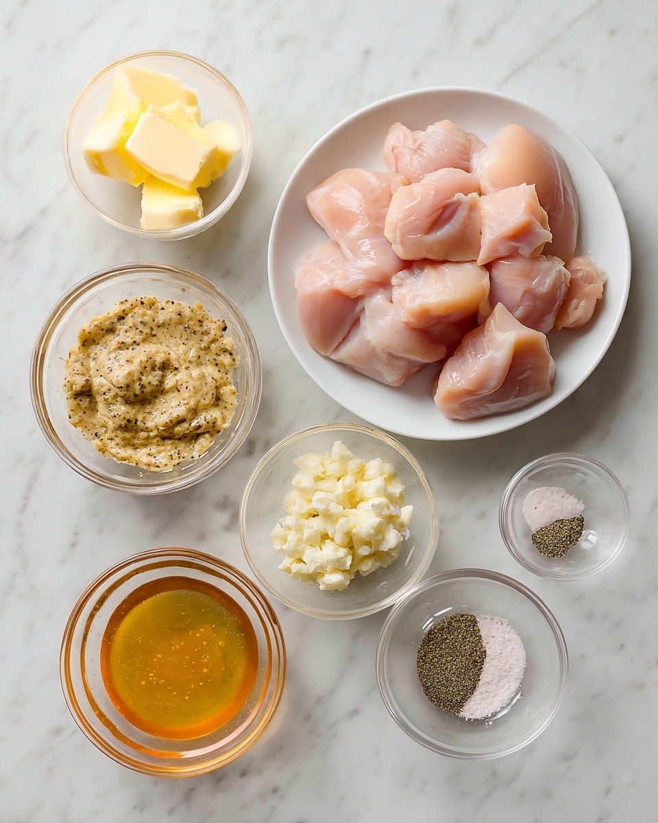 The image shows several small clear glass bowls with different ingredients arranged on a white marbled surface. Starting from the top right, there is a white plate holding pale pink raw chicken pieces with smooth texture. To its left is a bowl with soft butter pieces in light yellow. Below the butter bowl, there is a bowl of grainy mustard sauce in a beige color with visible mustard seeds. Next to it, there is a smaller bowl with minced white garlic. Below that, a bowl holds golden honey with a smooth, shiny surface. To the right, a bowl contains a mix of coarse salt and black pepper in white and dark specks. All items are neatly spaced, creating a clean and organized look. photo taken with an iphone --ar 4:5 --v 7