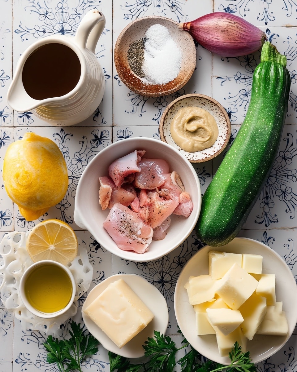 The image shows a flat lay of cooking ingredients placed on a white marbled surface with blue floral tile patterns. There is a tall green zucchini on the right, a whole shallot with reddish-purple skin near the top right, and a small white bowl in the center with raw pink chicken pieces sprinkled with black pepper. Above the chicken is a small ceramic dish with salt and black pepper, and to its left is a white jug filled with dark brown liquid. Below the jug is a small white cup of golden olive oil. At the bottom left, there is a peeled yellow lemon with its peel spiral beside it, and a grater with lemon zest on it. Next to these is a small ceramic bowl with a light brown creamy mustard-like paste and a wooden spoon. To the right of this bowl is a speckled white plate with two thick pale yellow butter cubes. On the bottom right, a white plate holds several wedges of hard cheese in light creamy colors along with shredded cheese. There is a whole bulb of garlic near the bottom center and green parsley sprigs scattered around. Photo taken with an iphone --ar 4:5 --v 7