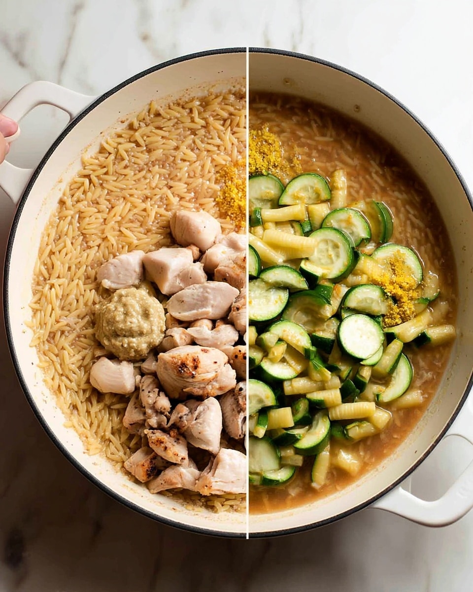 In this two-part image, a large white pan holds a dish made with small pasta shaped like rice in a light brown broth. On the left side, a woman's hand is squeezing a lemon over the pasta, adding a small dollop of a light beige paste and some yellow zest on top, all resting on a white marbled surface. On the right side, the same pasta forms the base layer, topped with two distinct layers: a pile of cooked light brown chicken pieces on the left half, and sautéed sliced green zucchini pieces on the right half, all arranged neatly inside the pan. photo taken with an iphone --ar 4:5 --v 7