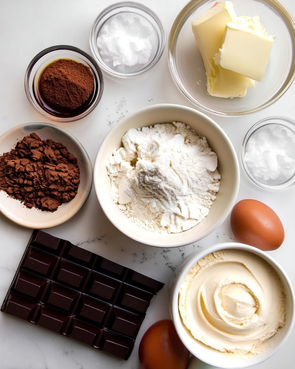 Several small white bowls and clear glass bowls are arranged on a white marbled surface. One white bowl near the center holds white flour with a fluffy texture. To the left, a white bowl contains fine dark brown cocoa powder, and next to it, another white bowl holds white sugar with a grainy texture. A clear glass bowl above the flour has two thick pieces of pale yellow butter. Just above the butter, a clear glass bowl contains a dark brown vanilla liquid. A white bowl at the bottom right contains a creamy off-white ice cream with smooth swirls. Four eggs with smooth shells in shades of brown and white are placed below the ice cream bowl. A dark brown chocolate bar with glossy rectangular segments is placed above the flour. A small clear glass bowl holding coarse salt appears near the chocolate. The arrangement is neat and bright. Photo taken with an iphone --ar 4:5 --v 7