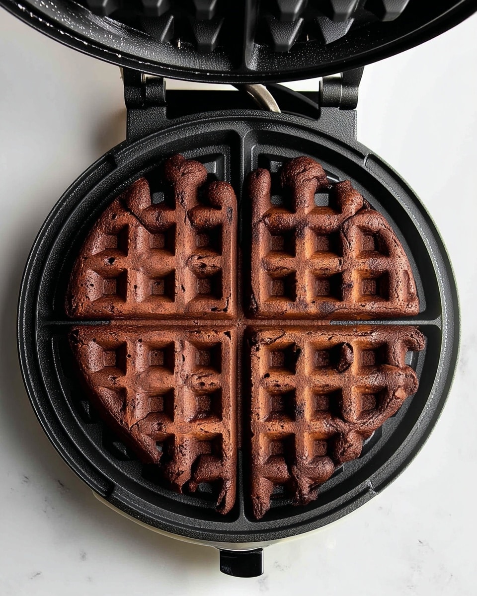 A single round chocolate waffle is placed inside an open black waffle maker, divided into four equal heart-shaped segments. The waffle is dark brown with a slightly crispy texture on top and small pockets created by the waffle iron. The waffle maker's non-stick surface has deep grid patterns that give the waffle its distinct shape. The background is a white marbled texture visible around the appliance. photo taken with an iphone --ar 4:5 --v 7