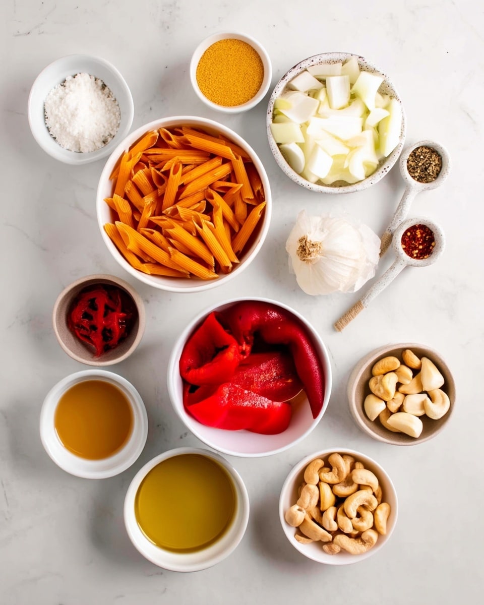Several small white bowls are arranged on a white marbled surface, each containing a different ingredient. The largest bowl in the center holds dry orange pasta shaped like penne. To the right is a white bowl with deep red roasted red peppers. Above it is a white bowl filled with chopped white onion pieces. Near the top right are small white spoons holding Italian seasoning and red pepper flakes, while next to them is a white bowl with several whole garlic cloves. Under the onion bowl is a small white bowl filled with a light brown vegetable broth. Below the peppers is a white bowl with light brown cashew nuts, and next to it a small white bowl with yellow olive oil. On the left side, a small white bowl contains white corn starch, and a white bowl below it holds yellow nutritional yeast. There is also a small white bowl with red tomato paste near the bottom left. The image is bright and clear, with each bowl's content visible and distinct, photo taken with an iphone --ar 4:5 --v 7