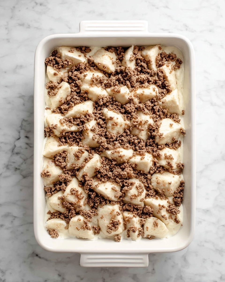 A white rectangular baking dish filled with a layer of irregular white biscuit pieces arranged unevenly, topped with crumbled cooked ground meat scattered evenly across the top. The dish sits on a white marbled textured surface, showing a clear contrast between the light biscuit pieces and the browned meat. Photo taken with an iphone --ar 4:5 --v 7
