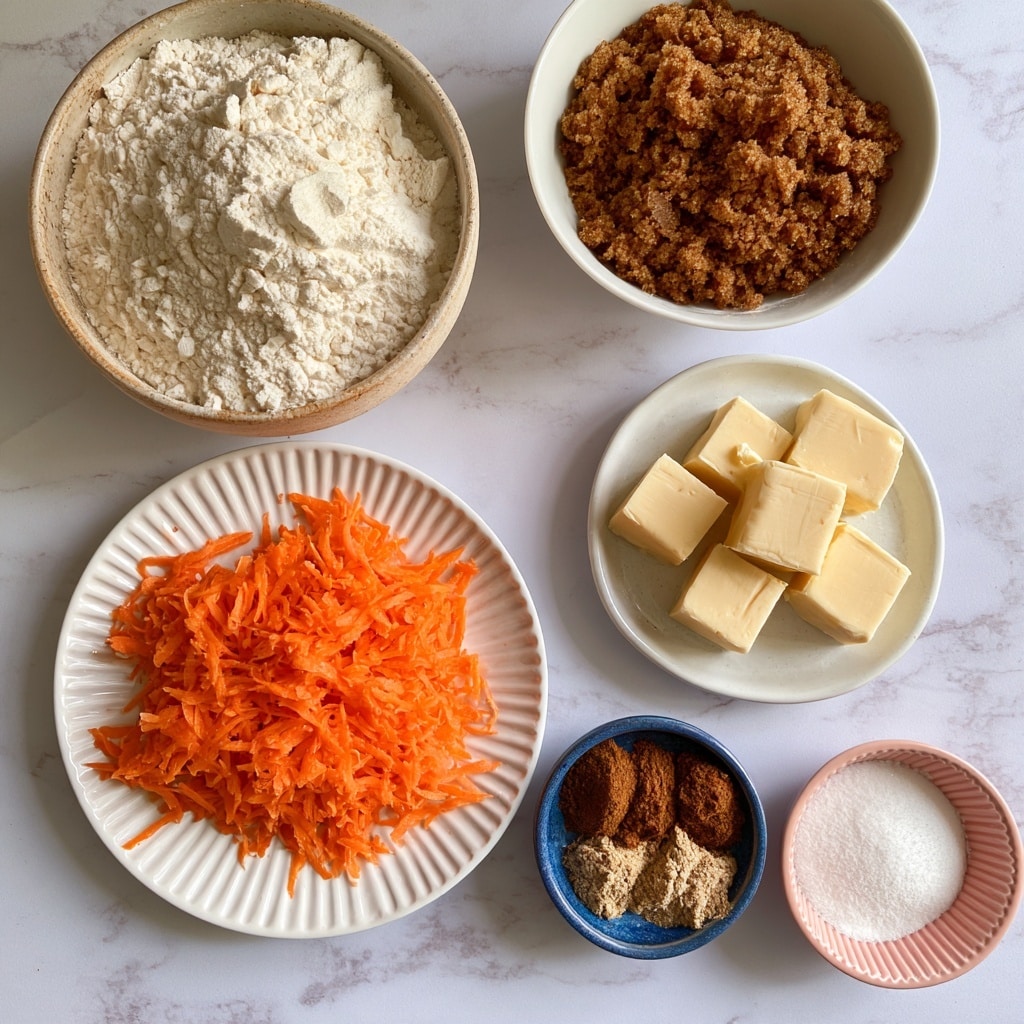 The image shows six bowls on a white marbled surface with different ingredients. On the top left, there is a ceramic bowl filled with white flour, with a powdery texture and slight mounds. To the right, a white bowl contains brown sugar that looks soft and crumbly. Below the flour bowl, a white fluted plate holds bright orange shredded carrots piled in the center. To the right of the carrots, a white plate has five cubes of pale yellow vegan butter, neatly arranged. In the lower right, a small blue bowl has three types of ground spices with colors ranging from dark brown to light beige, arranged side by side. Finally, a pink bowl with ridged edges contains white baking soda with a fine, powdery texture. Photo taken with an iphone --ar 4:5 --v 7