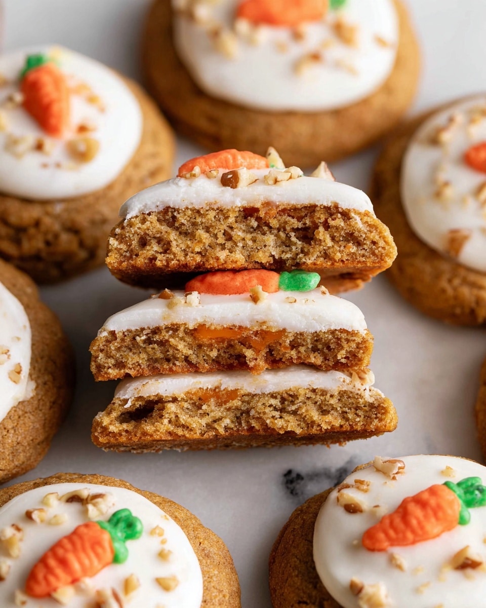 A close-up of several round cookies on a white marbled surface shows each cookie topped with a smooth white layer of frosting sprinkled with small nut pieces. On top of some cookies, a small, bright orange carrot decoration made of frosting is placed near the edge. In the center, four cookie halves are stacked, revealing two layers inside: a soft brown baked cookie base and a white frosting middle layer with a little orange filling inside. The texture of the cookie looks moist and crumbly. Photo taken with an iphone --ar 4:5 --v 7