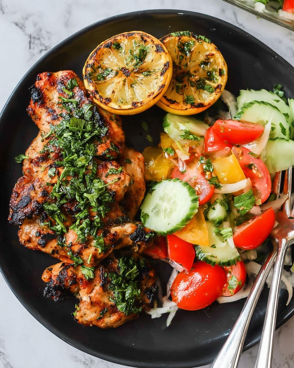 The image shows a black plate with grilled chicken pieces on the left side, covered with chopped green herbs and slight char marks. Above the chicken, there are two halves of grilled lemon with dark grill lines and herbs sprinkled on top. On the right side of the plate, there is a fresh salad made of cucumber slices, red and yellow tomato pieces, and some herbs. A fork rests on the right edge of the plate. The plate sits on a white marbled surface. photo taken with an iphone --ar 4:5 --v 7