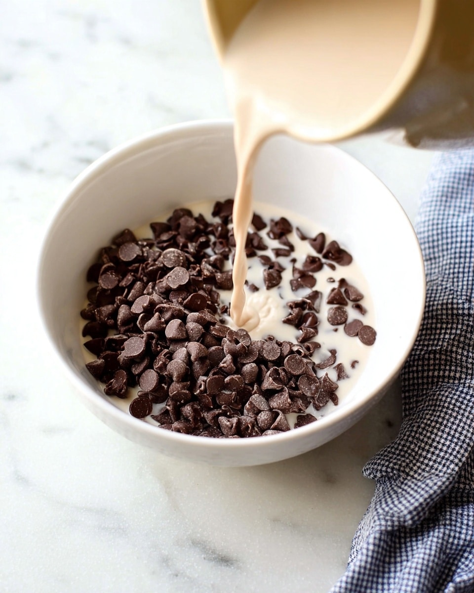 A white bowl filled with dark brown chocolate chips is placed on a white marbled surface. A light cream-colored liquid is being poured from a beige container into the bowl, creating a small splash as it lands on the chocolate chips. The pouring liquid adds a smooth, shiny texture contrasting with the matte chocolate chips. On the right side, part of a blue and white checkered cloth is visible. The photo taken with an iphone --ar 4:5 --v 7