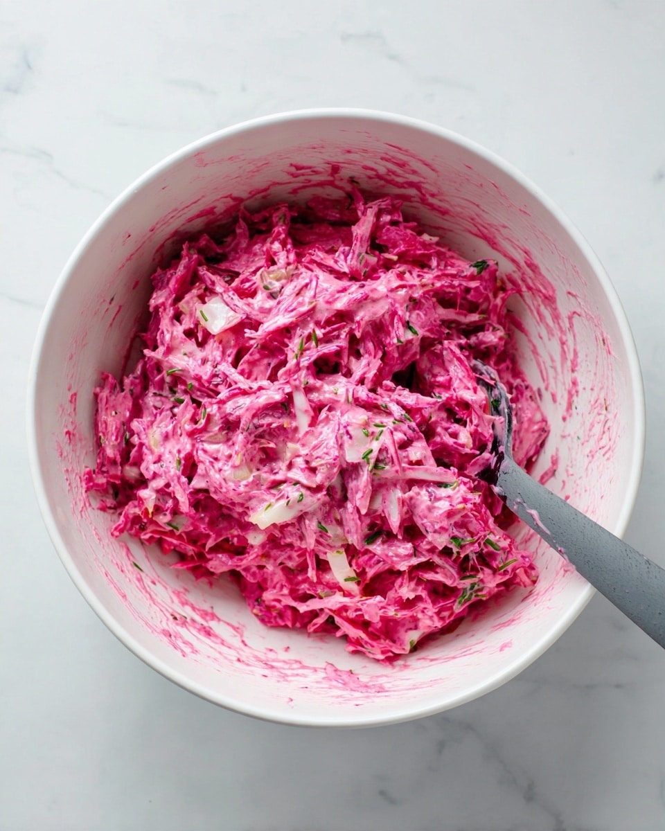 A white bowl contains a bright pink shredded salad with visible small pieces of green herbs and some white bits mixed in. The salad layer is thick and textured with leafy and grated elements, coated evenly with a creamy dressing that gives a slightly shiny look. The inside walls of the bowl are smeared with the pink dressing, showing the salad was recently mixed. A dark gray spoon is partially inside the bowl, touching the salad. The bowl sits on a white marbled surface with soft lighting, giving the image a clean and fresh feel. Photo taken with an iphone --ar 4:5 --v 7
