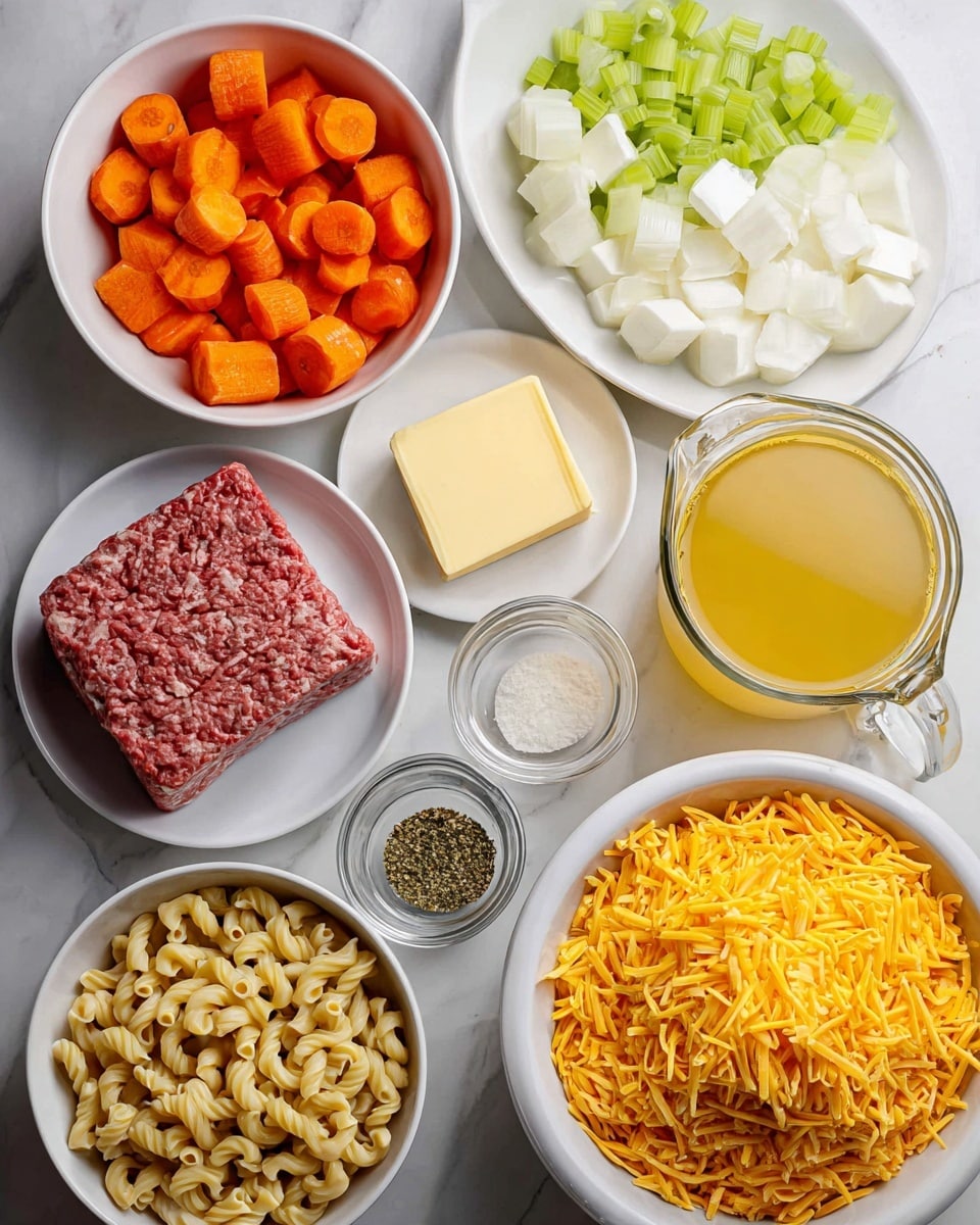 A top view of several white bowls and plates arranged on a white marbled surface, each holding different ingredients: one bowl has bright orange sliced carrots, light green celery, and white chopped onions; a white plate contains a block of raw ground meat with red and white marbling; another bowl is filled with dry elbow pasta that is pale yellow; a large bowl holds a heap of shredded cheddar cheese in bright orange; a smaller bowl contains garlic and dried herbs divided evenly; a white bowl with flour is also present; a slab of yellow butter rests in a small bowl; two glass measuring jugs stand on the surface, one filled with milk and the other with yellow broth. photo taken with an iphone --ar 4:5 --v 7