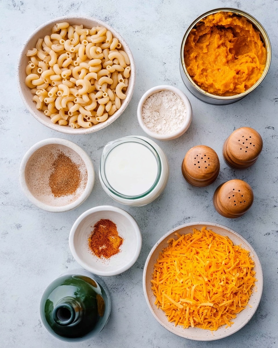 The image shows a top-down view of several white bowls and containers arranged on a white marbled surface. In the top left corner, a bowl is filled with uncooked elbow macaroni, light beige in color and tightly packed. To the right, there is an open can with orange pumpkin puree, the inside of the can lid resting against the rim. Below the macaroni, two small white bowls hold different spices, one with a brown powder and the other with a reddish-orange flake mixture. In the center, a glass jar filled with white milk stands beside two wooden shakers with a natural wood color. To the right of the milk, a small white ramekin contains a light beige powdery substance, likely flour. In the bottom right corner, a bowl is filled with shredded bright orange cheddar cheese, finely shredded and filling most of the bowl. A dark green bottle with a cork top is positioned near the bottom left. photo taken with an iphone --ar 4:5 --v 7