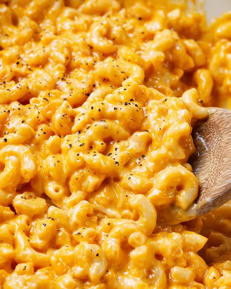 This image shows a close-up view of a creamy macaroni and cheese dish with elbow-shaped pasta coated in a thick bright orange cheese sauce. The pasta is well mixed with smooth, melted cheese that forms a rich, stretchy texture over the noodles. Small black specks of pepper are sprinkled evenly on top, adding texture and color contrast. A wooden spoon is partially visible on the right side, stirring or scooping the pasta, with a white marbled surface underneath. The lighting highlights the glossy shine of the cheese sauce, making the dish look warm and comforting. Photo taken with an iphone --ar 4:5 --v 7
