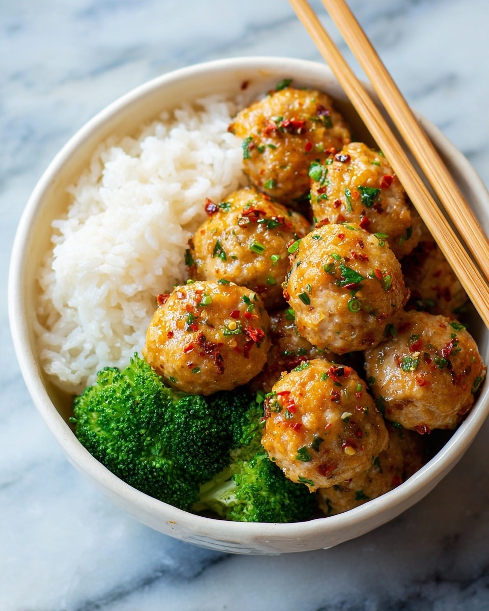 A white bowl filled with three layers: on the left, a mound of soft white rice; in the middle and right, round golden meatballs with a shiny glaze, sprinkled with small green herbs and red pepper flakes; on the bottom left, bright green broccoli florets peek out. Two light wooden chopsticks rest on the top edge of the bowl. The bowl sits on a white marbled surface. Photo taken with an iphone --ar 4:5 --v 7