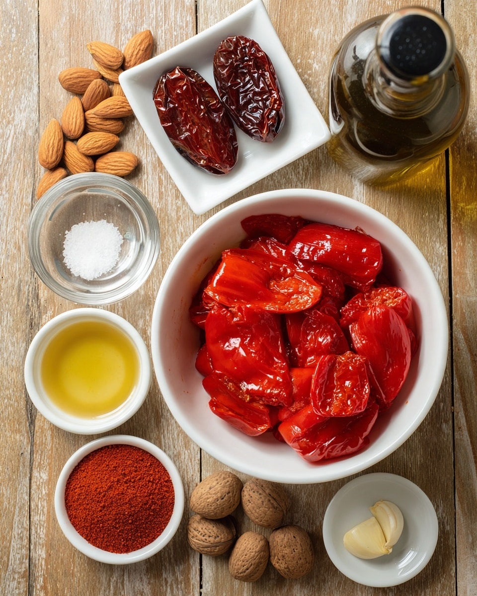 In the image, there is a white bowl in the center filled with bright red roasted red peppers, showing their soft, shiny texture with some oil around them. Above it, there is a small white square dish holding two dark red sun-dried tomatoes with a glossy finish. To the left, another small white square dish contains whole brown almonds with a dry, rough surface. To the right of the peppers, there is a small white cup with clear vinegar and another small white cup below it with a single pale yellow clove of garlic. Next to these, there is a small white cup filled with reddish-brown paprika powder. A white salt shaker is placed at the bottom left corner of the image. At the top right side, there is a dark olive oil bottle with a closed spout. All items are arranged on a wooden surface that should be imagined as a white marbled texture photo taken with an iphone --ar 4:5 --v 7