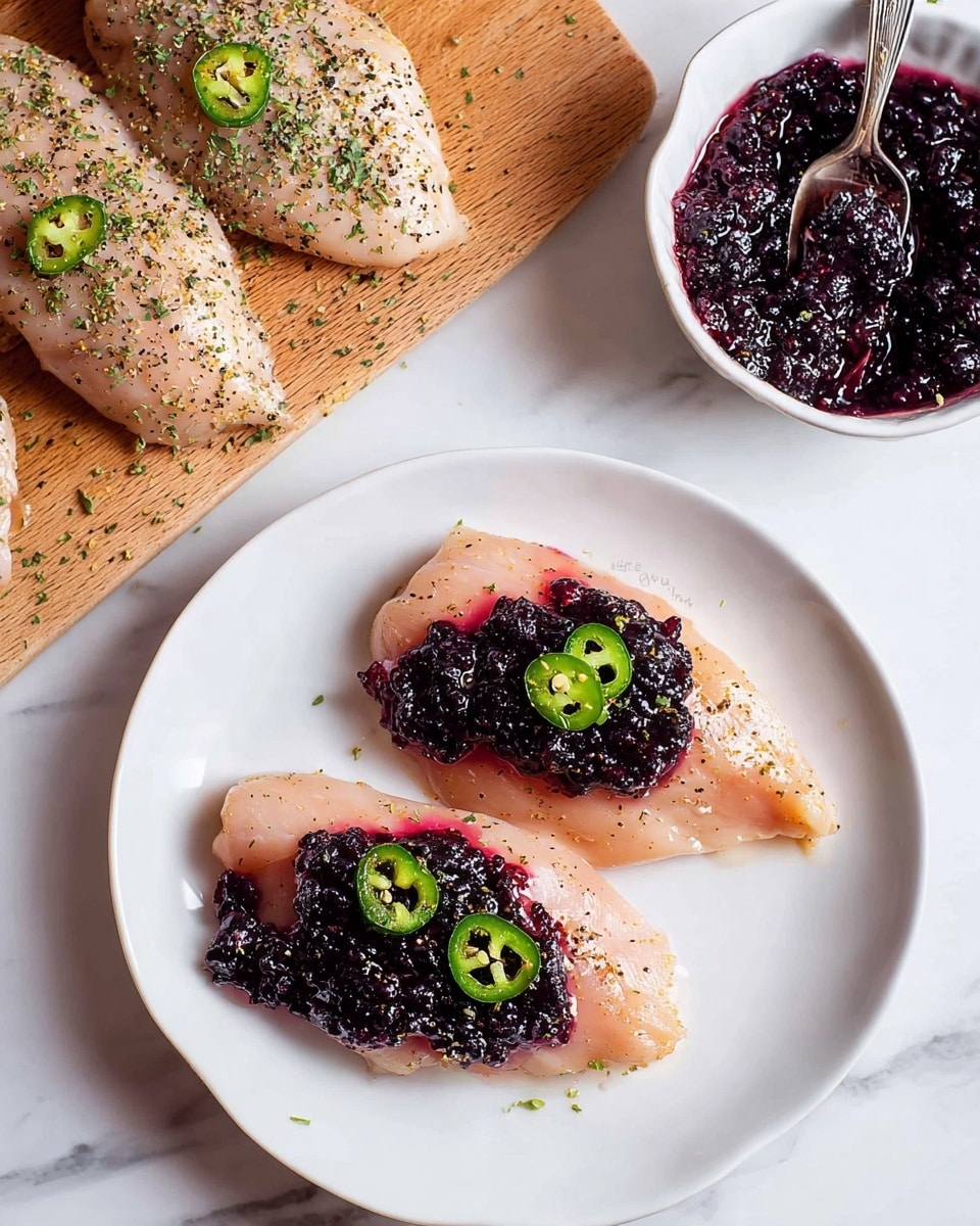Two pieces of seasoned raw chicken fillet lie on a white plate, each topped with a thick, dark purple blackberry jam spread in the middle. One piece has three thin green jalapeño slices on top of the jam. To the top right, a white bowl contains more blackberry jam with a fork inside. To the top left, three raw chicken fillets on a wooden cutting board, sprinkled with black pepper and herbs, are placed on a white marbled surface. Photo taken with an iphone --ar 4:5 --v 7