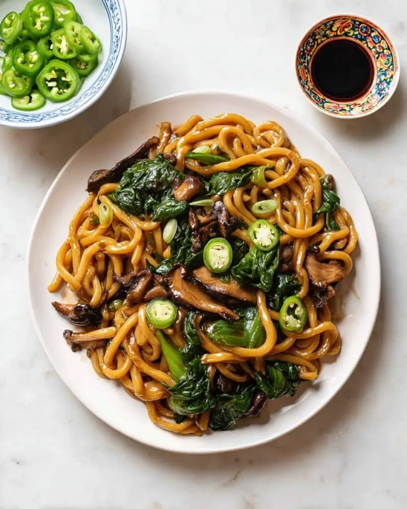 Udon Noodle Stir Fry with Shiitake Mushrooms and Chinese Broccoli Recipe