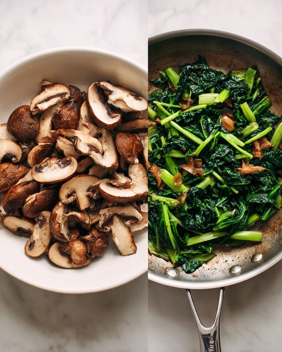 The image shows a side-by-side view of two stages of cooking with mushrooms and greens. On the left, there is a white bowl filled with raw sliced brown mushrooms that show a rough, textured brown top and smooth white inside. On the right, a stainless steel pan contains cooked dark green leafy vegetables mixed with browned pieces of the mushrooms. The leaves have a shiny, soft texture with brighter green stems, and the mushrooms look smaller and slightly crispy. Both are placed on a white marbled surface. photo taken with an iphone --ar 4:5 --v 7