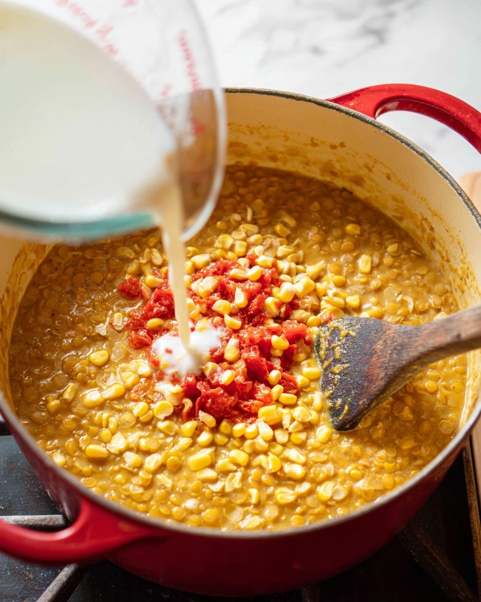 A close-up image shows a red pot with light yellow thick lentils cooked inside, topped with yellow corn kernels and red diced tomatoes in the center, and a stream of white liquid being poured from a clear measuring cup above. A dark wooden spoon with a worn look rests partially inside the pot on the right side. The pot is on a stove with a white marbled surface underneath. The overall scene has bright, natural lighting. photo taken with an iphone --ar 4:5 --v 7