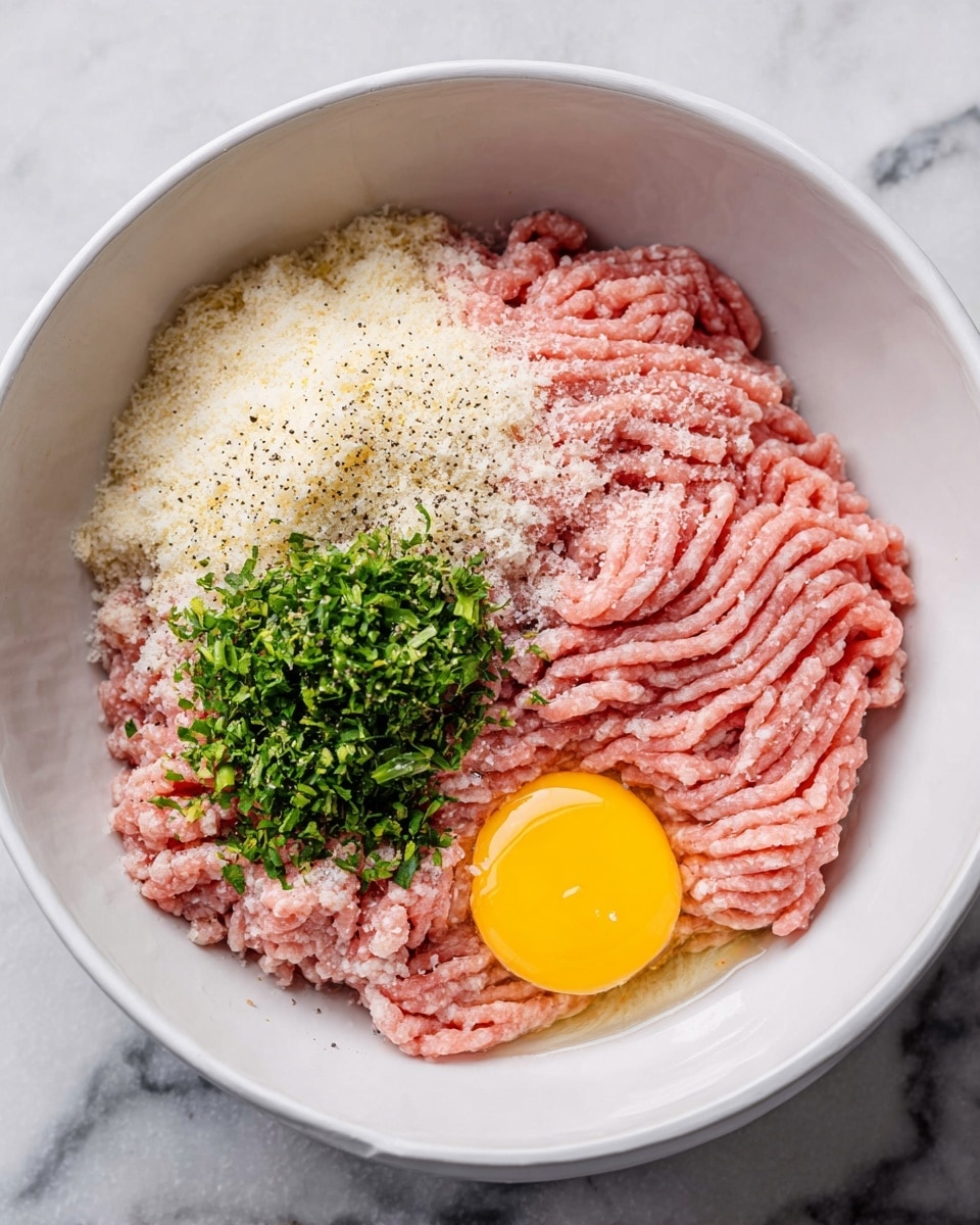 Inside a large white bowl, four main layers are arranged without mixing: the biggest layer is light pink ground meat, folded in thick cords, taking up the right and bottom parts of the bowl. To the left, there is a layer of pale grated cheese, slightly grainy in texture, with black pepper sprinkled on top. On the right side, next to the meat, is a bright yellow raw egg yolk surrounded by clear egg white. In the center, a small pile of finely chopped fresh green herbs sits on top of the meat, with some coarse salt crystals scattered lightly around. The bowl is placed on a white marbled surface. Photo taken with an iphone --ar 4:5 --v 7