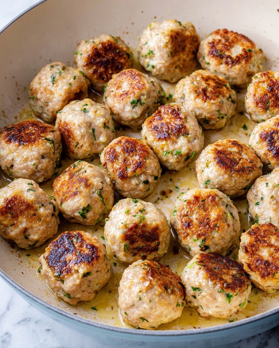 A white pan filled with about twenty small, round meatballs cooked to a golden brown with slightly crispy edges. The meatballs show flecks of green herbs and have a light beige color with browned spots scattered evenly over their surfaces. They are placed closely together but not touching much, sitting on the smooth cream inside of the pan which has some light browned oil spots. The background features a white marbled texture. photo taken with an iphone --ar 4:5 --v 7