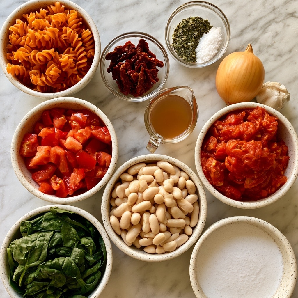 The image shows several ingredients arranged on a white marbled surface, each labeled with text. There is a white speckled bowl filled with orange spiral pasta at the top left, next to a small clear glass bowl of dark red sun-dried tomatoes. Toward the center is a small glass pitcher with light brown broth. To the top right is a small clear glass bowl holding a mix of green Italian seasoning and white salt. Near that is a whole yellow onion and a single garlic bulb. Below the pasta bowl is a white speckled bowl containing bright red diced tomatoes. In the middle is another white speckled bowl filled with many pale beige white beans. The lower left has a white speckled bowl filled with fresh dark green spinach leaves. At the bottom right is a white speckled bowl filled with white coconut milk. The whole arrangement is neatly organized on the white marbled texture photo taken with an iphone --ar 4:5 --v 7