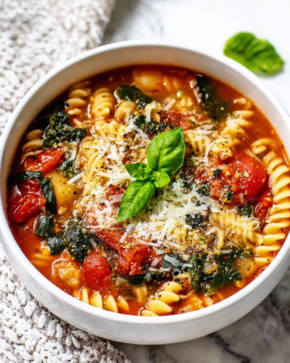 A white bowl filled with a colorful soup showing 3 main layers: bottom layer of light yellow spiral pasta partially submerged in a rich red tomato broth; middle layer of big chunks of cooked tomato and dark green spinach leaves floating evenly within the soup; top layer of finely grated white cheese sprinkled across the surface along with coarse black pepper, garnished with fresh bright green basil leaves sitting in the center. The bowl rests on a white marbled surface with a light gray patterned cloth in the background. Photo taken with an iphone --ar 4:5 --v 7
