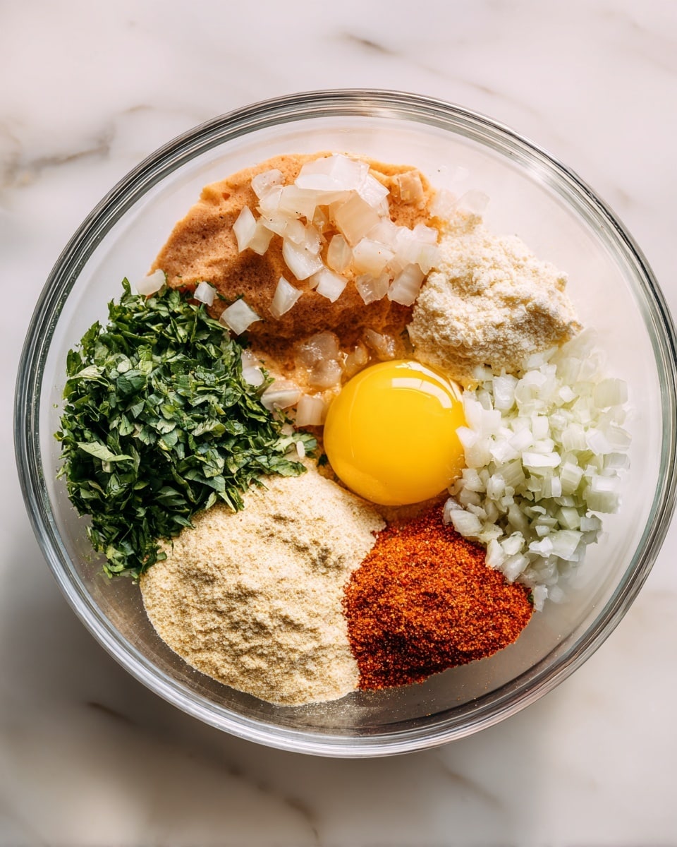 A clear glass bowl placed on a white marbled surface holds several ingredients arranged in distinct sections. In the lower right corner, there is a whole raw egg with a bright yellow yolk surrounded by clear egg white. To the left and above the egg, there are fresh chopped green herbs. Next to the herbs, a sandy-colored flour or powder forms a small mound. Moving leftward, a large portion of soft cooked diced onions with a light brown color is present. Above the onions, there is a beige-colored ingredient topped with a pinkish curved cracker. On the upper right side, finely grated white onions create a textured layer. Between the grated onions and the herbs, a small pile of orange-red spice powder is sprinkled, mixing slightly into the white ingredient beneath it. The layers are all in contact but remain distinct in color and texture, creating a detailed and colorful mixture ready for blending. Photo taken with an iphone --ar 4:5 --v 7