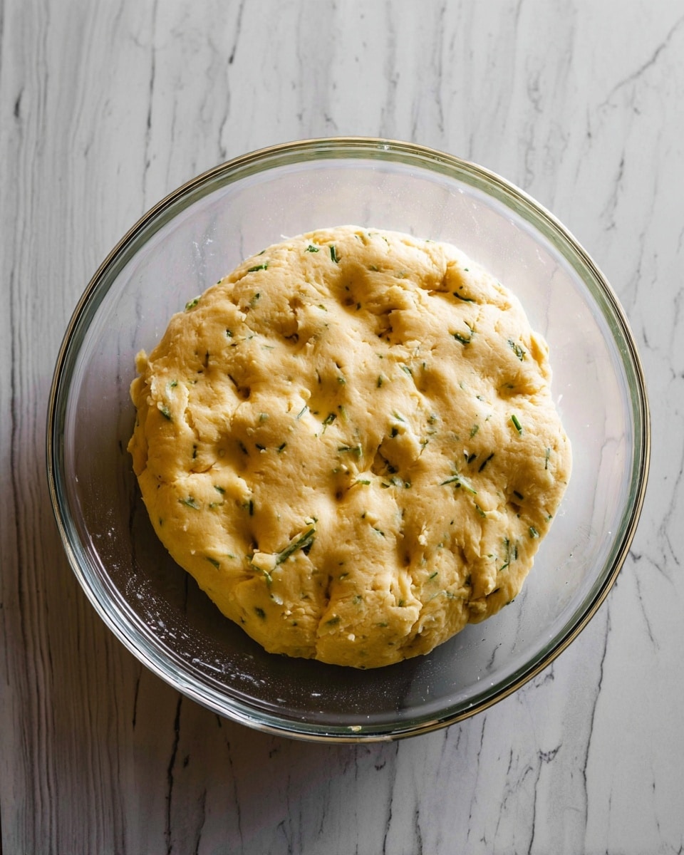 The image shows a single round piece of dough resting in a clear glass bowl. The dough is pale yellow with small green herb flecks visible throughout. It has a soft and slightly bumpy texture with dimples pressed into the surface, giving it a slightly uneven and puffy look. The bowl is placed on a white marbled surface that contrasts with the dough’s warm color, and the photo is taken from a top view, clearly showing the dough's shape and texture. photo taken with an iphone --ar 4:5 --v 7