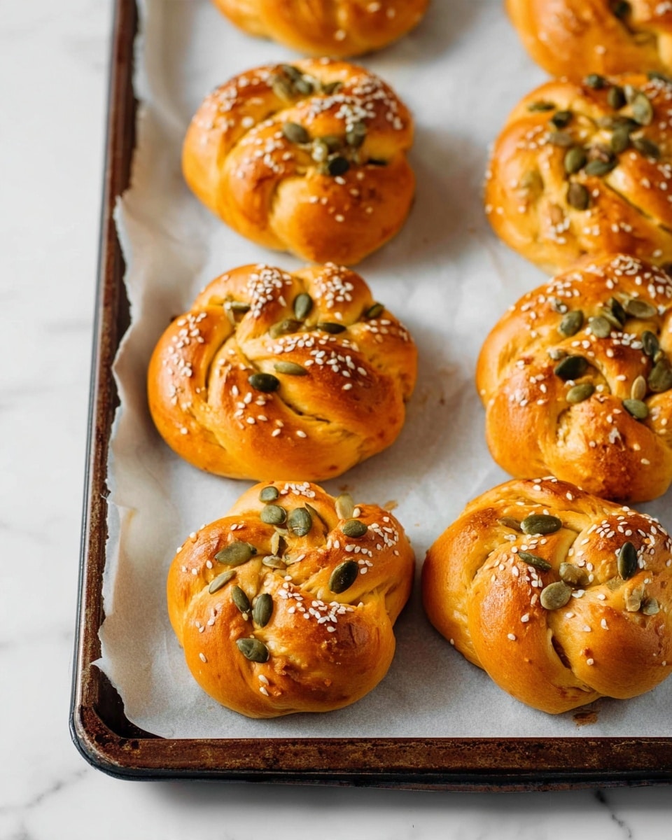 The image shows seven small, round braided bread rolls on a white baking paper that covers a dark metal baking tray. Each roll is golden brown with a smooth and shiny surface, speckled with white sesame seeds and green pumpkin seeds scattered on top. The bread has a soft texture with visible twist patterns in the braided shape. The tray rests on a white marbled surface. photo taken with an iphone --ar 4:5 --v 7
