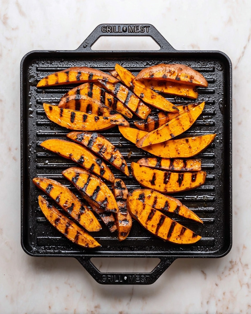 The image shows a black metal grill pan with handles on both sides placed on a white marbled surface. On the grill pan, there are about twenty grilled orange sweet potato wedges arranged in a single layer, each piece with dark grill marks across the surface adding texture. The wedges vary slightly in size, with some thicker and some thinner, roasting evenly with shiny caramelized spots. The grill pan has a textured surface and the brand name