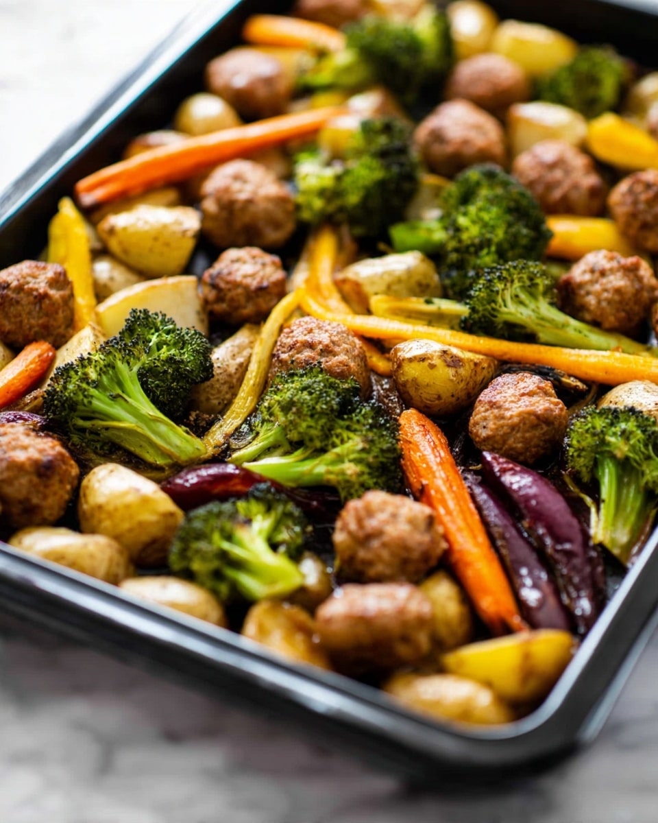 A black baking tray full of cooked food items is shown with a close-up view. The dish contains about three layers: the base layer of roasted small potatoes with golden brown skins and soft interiors, mixed with roasted baby carrots of orange, yellow, and purple colors that have a slightly charred texture. On top of these is the vibrant layer of bright green roasted broccoli florets, slightly crispy at the edges. Scattered evenly among the vegetables are round meatballs with a browned and slightly textured surface, giving a contrast in color and shape. The tray is placed on a white marbled surface. photo taken with an iphone --ar 4:5 --v 7