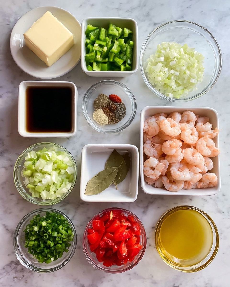A white marbled surface holds several small white bowls and clear glass containers arranged neat in rows, each filled with different cooking ingredients. At the top left is a white bowl with a thick square piece of butter, next to it is a clear round bowl filled with small green bell pepper cubes, and another clear round bowl with finely chopped white onions. Below, starting from the left, is a white bowl filled with a dark brown liquid, beside it is a square white bowl with chopped celery pieces, a square white bowl holding various spices and a bay leaf, and to the right, a clear rectangular container filled with pink cooked shrimp. At the bottom left sits a small white bowl with chopped green onions, a clear round bowl with bright red diced tomatoes in juice, and a clear round bowl on the far right contains a golden yellow liquid. Photo taken with an iphone --ar 4:5 --v 7