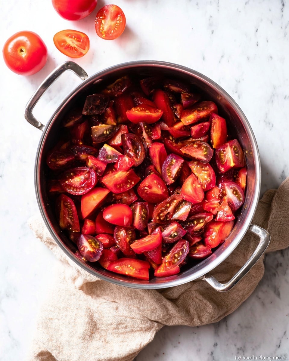 A large silver pot filled with many pieces of chopped dark red and reddish-purple tomatoes, cut in uneven chunks, showing the juicy interior and seeds; the pot sits on a light beige cloth that wrinkled around the handle, all placed on a white marbled surface with a few whole and halved tomatoes nearby in the upper left corner of the frame. Photo taken with an iphone --ar 4:5 --v 7