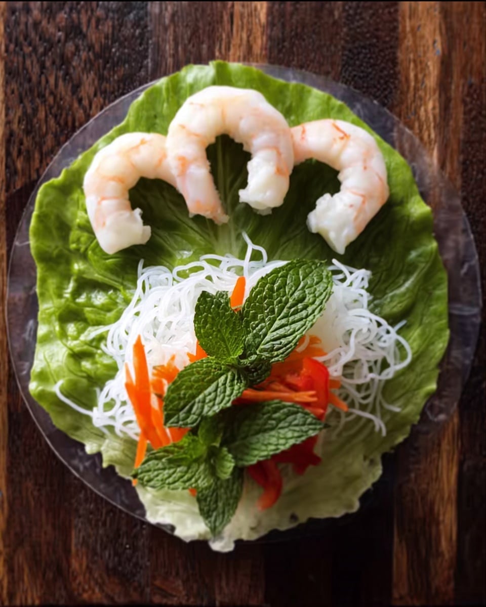 A clear round rice paper sheet is laid flat on a dark wooden surface. On the bottom half of the rice paper, there is a single large bright green lettuce leaf topped with thin white rice noodles, thin strips of orange carrot, and a small piece of red pepper. Three fresh green mint leaves are placed on top of the vegetables. Above the lettuce and noodles, three cooked shrimp are arranged in a curved line with the open part facing down, showing their white flesh with a hint of pink. The overall look is fresh and light, with a mix of smooth and textured surfaces. Photo taken with an iphone --ar 4:5 --v 7