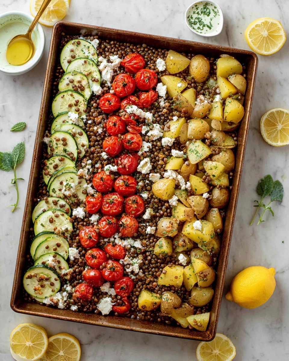A roasting pan filled with three main sections of food: on the left, thin green zucchini slices topped with scattered brown lentils and white crumbled cheese; in the middle, bright red cherry tomatoes mixed with brown lentils and white crumbled cheese; on the right, quartered yellow baby potatoes also topped with lentils and cheese. The pan sits on a white marbled surface with lemon halves and small green herb leaves around it, and a small white bowl of light green sauce with a yellow spoon sits in the top left corner, photo taken with an iphone --ar 4:5 --v 7
