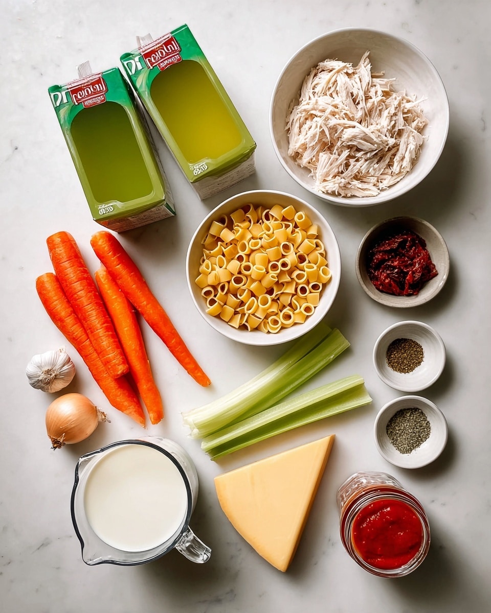 The image shows cooking ingredients neatly arranged on a white marbled surface. There are two green cartons of chicken broth positioned on the left, with their bright green color standing out. A white bowl filled with shredded pale chicken sits on the right side of the broth. Below the chicken, another white bowl holds uncooked small tube-shaped golden pasta. Fresh vegetables including three orange carrots, stalks of celery with light green color, a whole garlic head, and a light brown onion are placed on the lower left. A small glass measuring cup filled with white milk is near the center. Nearby, a white bowl contains a pat of light yellow butter, and a curved triangular piece of light yellow cheese is on the lower right. There are also small white bowls with herbs and spices, and a jar with a red lid containing dark sun-dried tomatoes, as well as a small white bowl with bright red tomato paste. The ingredients are spread evenly in a clean and simple layout. Photo taken with an iphone --ar 4:5 --v 7
