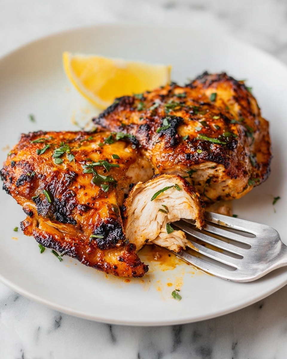 The image shows a white plate with two pieces of grilled chicken that have a charred, golden-brown surface with small green herbs sprinkled on top. A small wedge of lemon rests behind the chicken pieces on the plate. A silver fork holds a piece of chicken, pulling it away from the rest, revealing the white, juicy inside of the meat. The plate sits on a white marbled surface. photo taken with an iphone --ar 4:5 --v 7