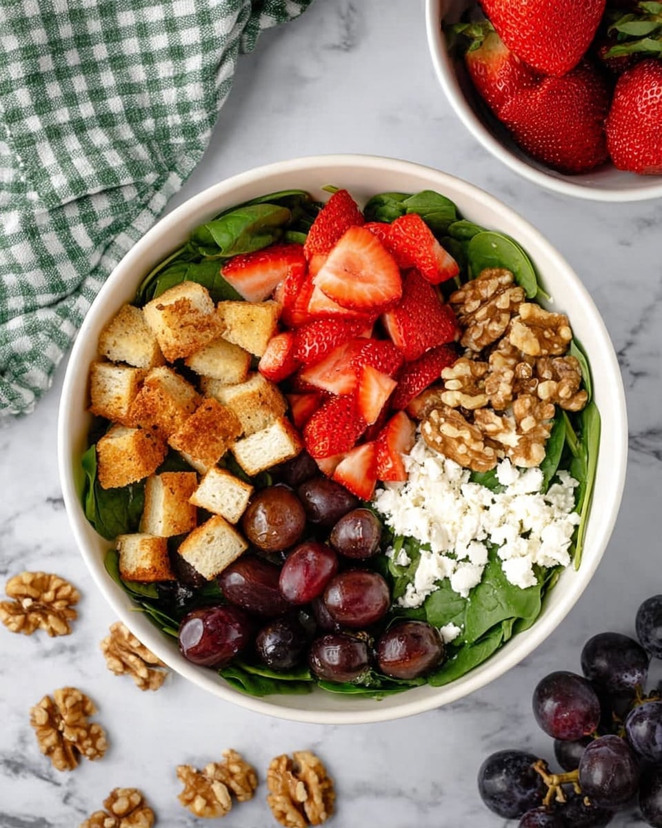 A white bowl filled with a layered salad placed on a white marbled surface, with a green and white checkered cloth nearby. The base layer is fresh green spinach leaves, topped with four distinct sections arranged side by side: golden brown toasted bread cubes on the left, bright red halved strawberries on the top right, a cluster of light brown walnuts in the center, and a small pile of white crumbled cheese on the bottom right. At the bottom left are dark purple grapes, some whole and some sliced in half. Scattered pieces of walnuts are outside the bowl on the surface. In the background, there is a white bowl filled with red strawberries and part of another bowl with dark grapes visible. Photo taken with an iphone --ar 4:5 --v 7