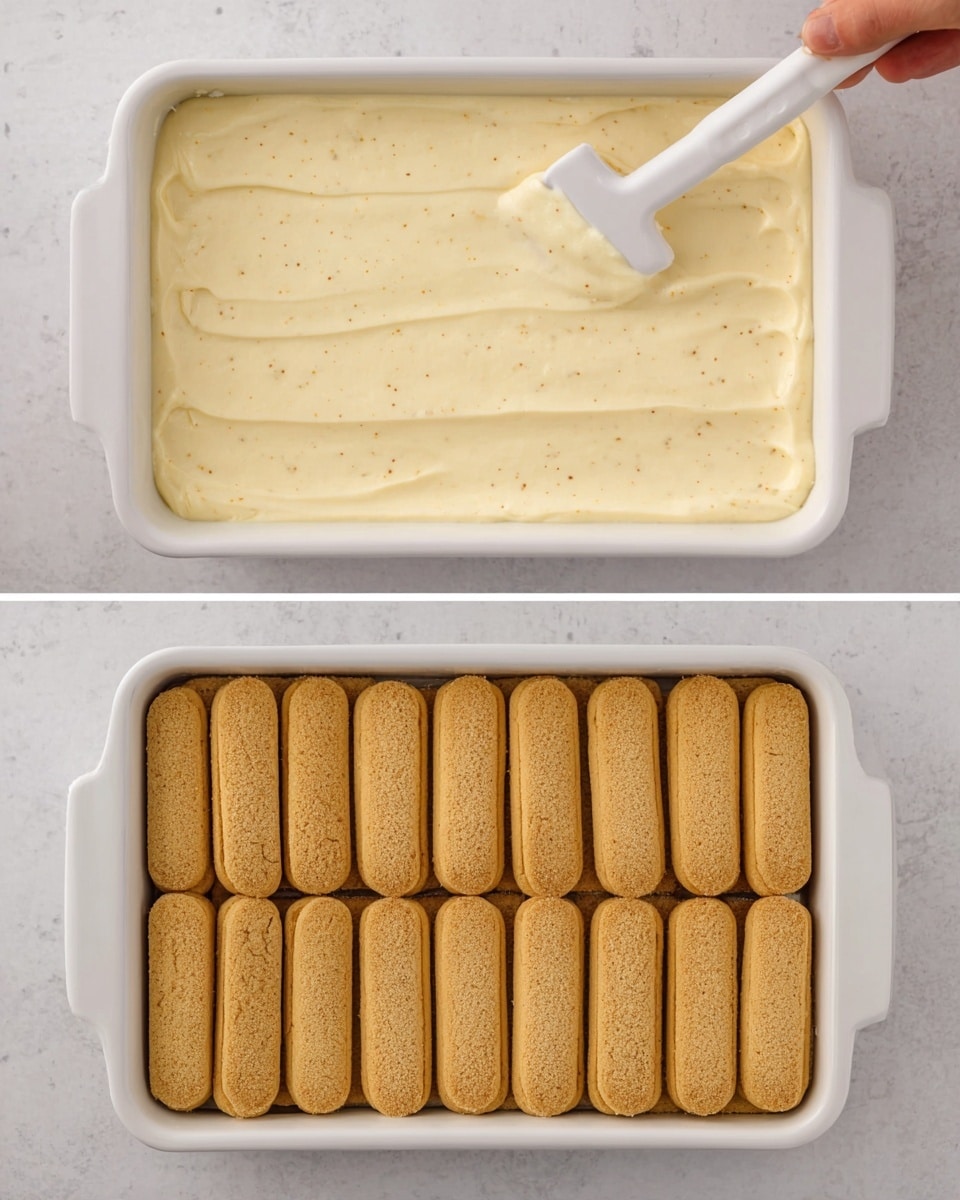 A white rectangular baking dish sits on a white marbled surface. In the first image, a smooth creamy pale yellow mixture with small darker specks fills the dish evenly, and a woman's hand is spreading it with a white spatula. In the second image, the same creamy layer is covered with two layers of light brown, rectangular ladyfinger biscuits placed close together, forming a tight grid with their rounded edges visible; the biscuits have a slightly textured, sandy surface. Photo taken with an iphone --ar 4:5 --v 7